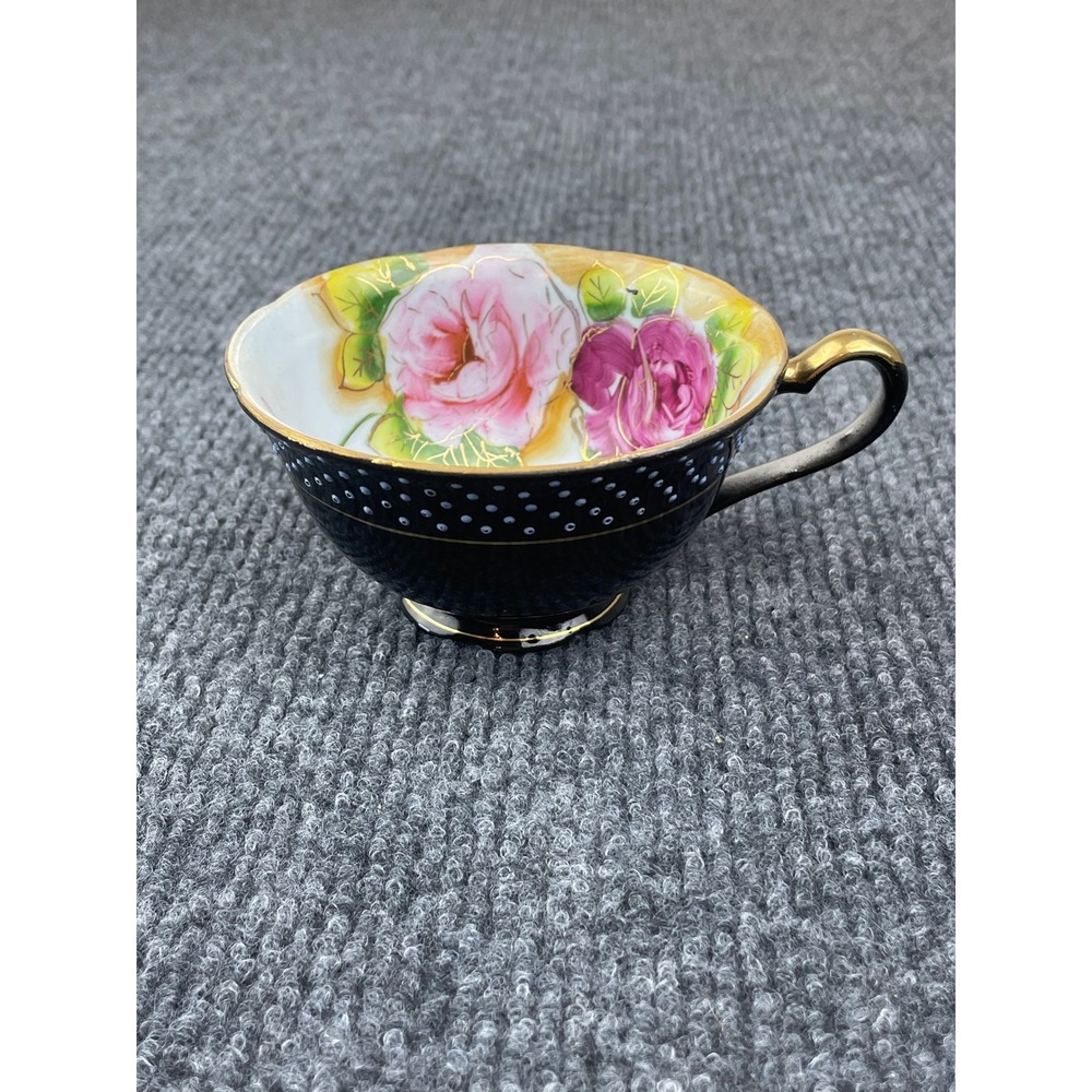 VTG. Merit Occupied Japan Tea Cup Black Polka Dot Pink Rose Gold Gilt Porcelain